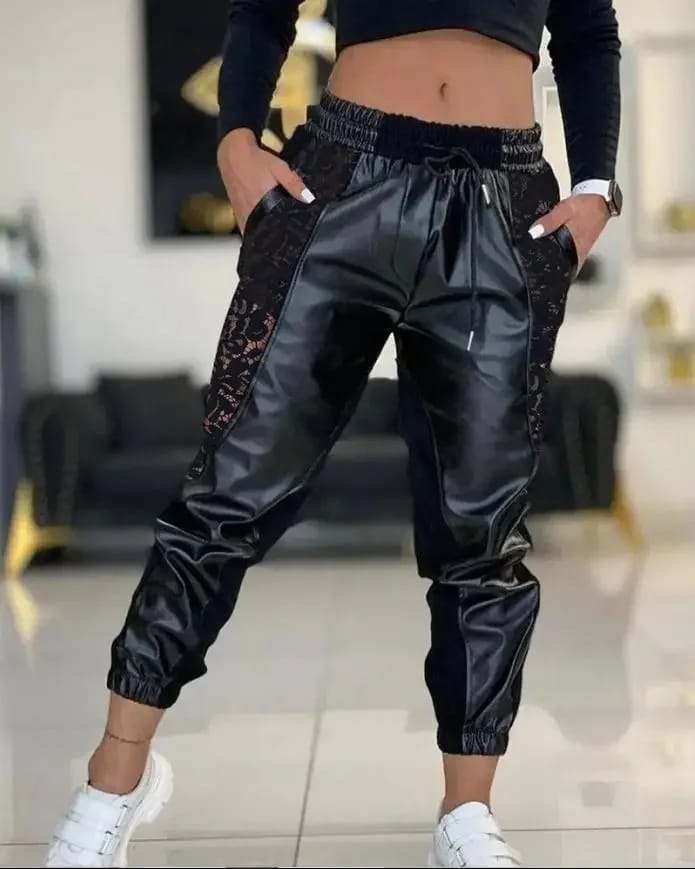Pantalones Babucha de Cuerina Mujer Casual Verano. Diseño con contraste, encaje, cordón ajustable, tiro alto y puños.